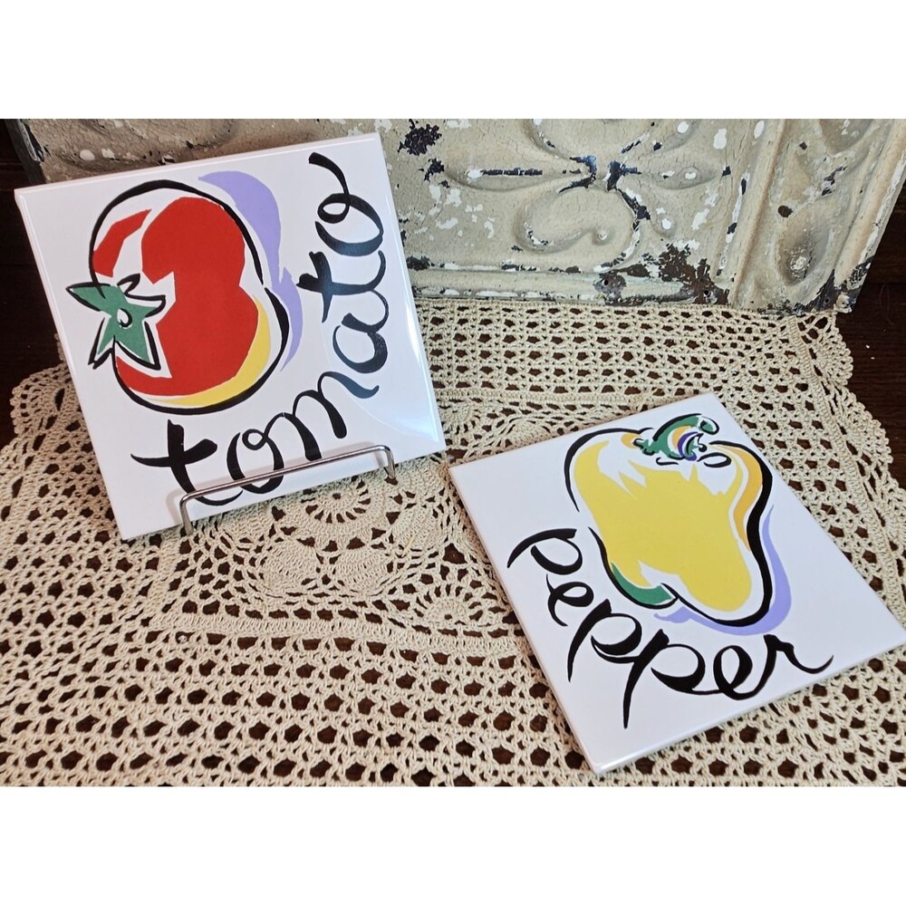 Pair of Portuguese Tile Trivets Hand Crafted Art Ceramic Pepper Tomato Cork Back